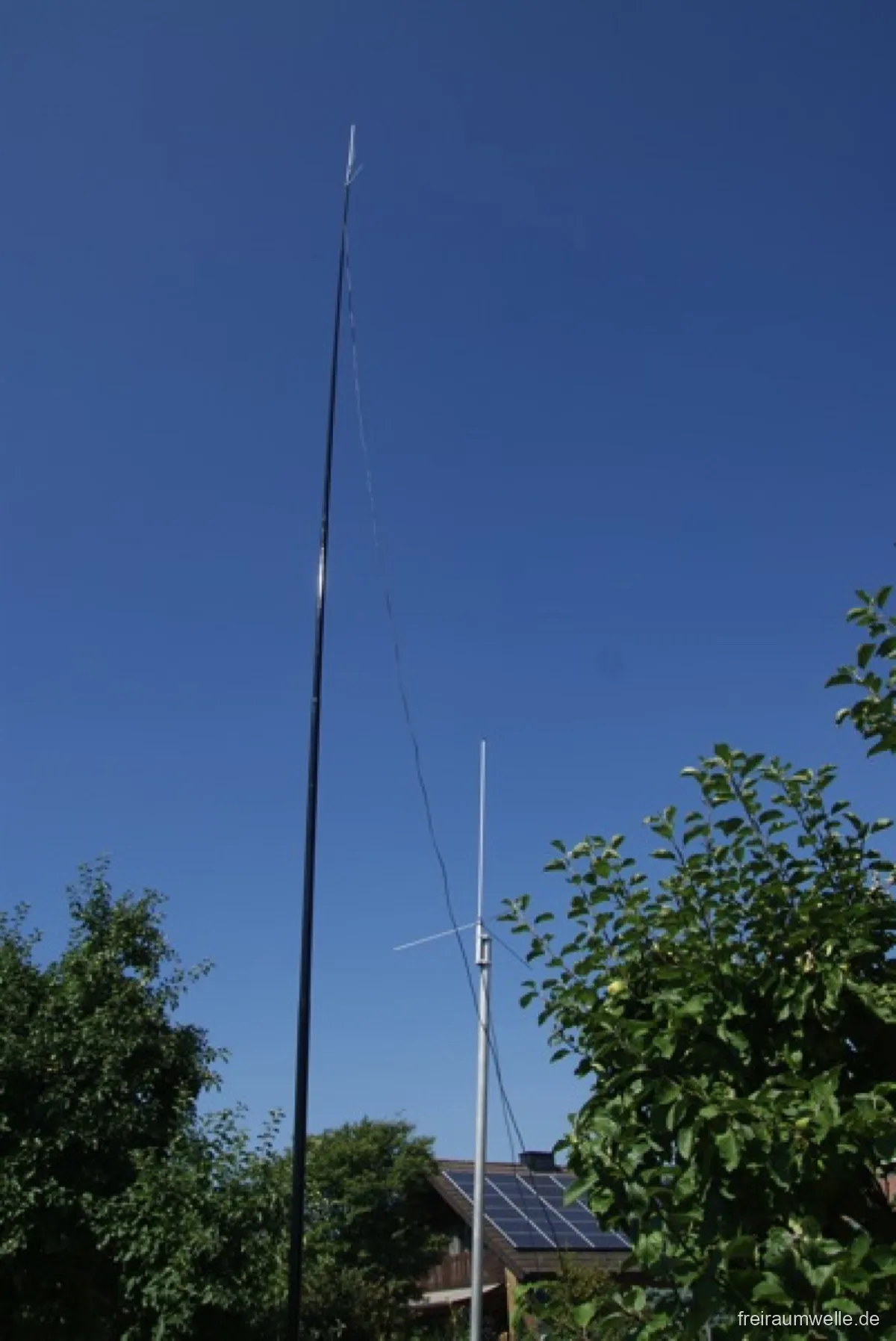 Aufgerichteter Fiberglasmast mit der aufgebundenen Antenne, im Vordergrund ein Garten mit Obstbäumen und blauem Sommerhimmel