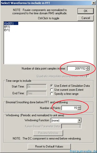 Optionsdialog der FFT in LTspice mit der Einstellung für die Anzahl der Datenpunkte