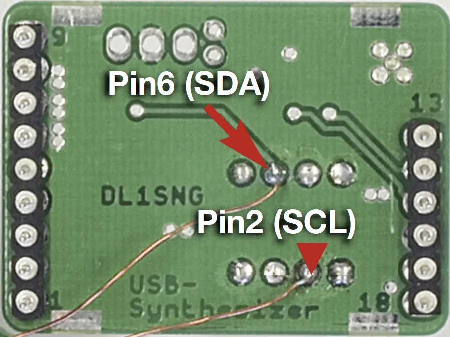 Dieselbe Stelle nach der Korrektur, die Drahtbrücke führt jetzt von Pin 2 für SCL zu Pin 6 für SDA