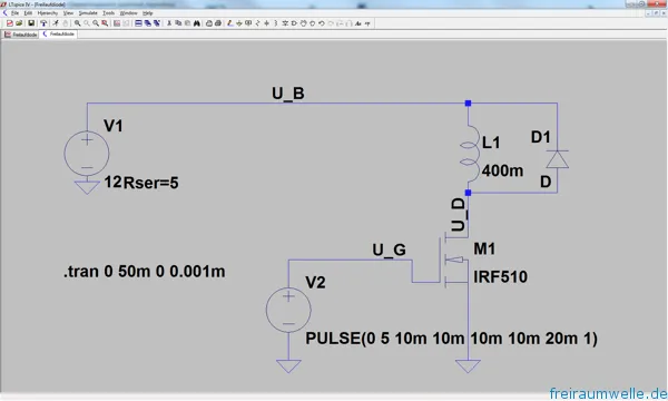 LTspice-Schaltplan: Spannungsquelle 12 V mit 5 Ω Innenwiderstand, Spule L1 mit 400 mH, parallel dazu die Freilaufdiode D1, darunter der MOSFET IRF510 als Schalter mit Pulsquelle am Gate