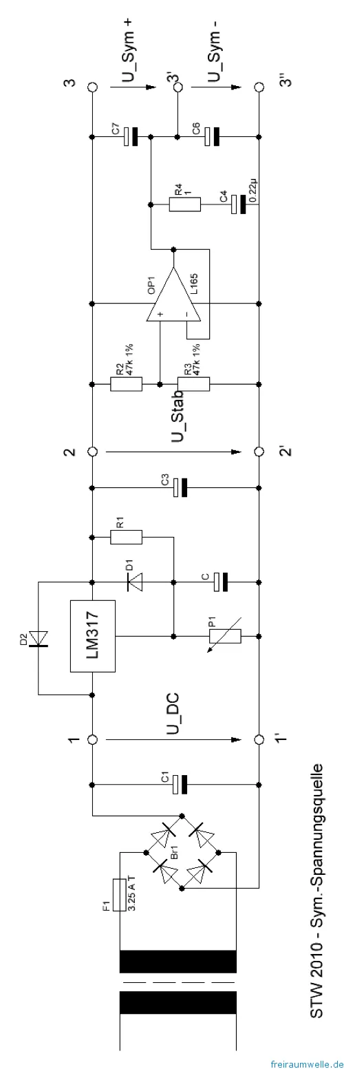Schaltplan der symmetrischen Spannungsquelle: Trafo mit Sicherung und Brückengleichrichter, Siebelko C1, Spannungsregler LM317 mit Einstellpoti P1, Spannungsteiler aus zwei 47-kΩ-Widerständen und Operationsverstärker L165 mit RC-Glied am Ausgang