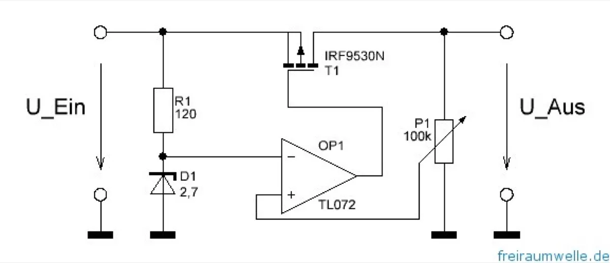 Schaltplan: links der Eingang mit 120-Ω-Vorwiderstand und 2,7-V-Z-Diode als Referenz, in der Mitte der Operationsverstärker TL072, oben der P-Kanal-MOSFET IRF9530N im Strompfad, rechts das 100-kΩ-Potentiometer am Ausgang