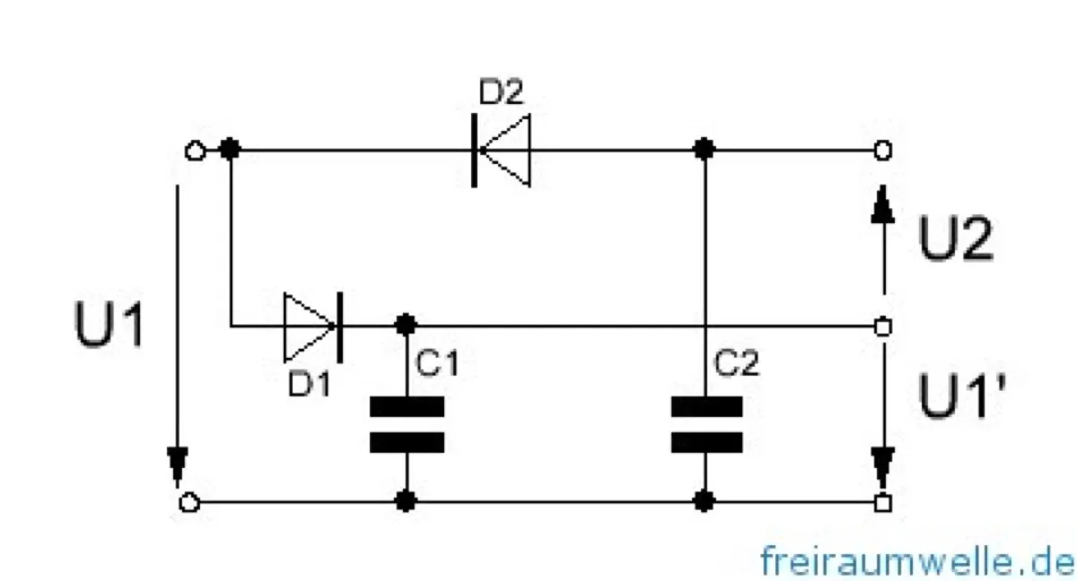 Dieselbe Schaltung anders gezeichnet, mit Elektrolytkondensatoren statt allgemeiner Kondensatorsymbole