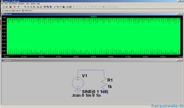 Kleine LTspice-Testschaltung mit einer 1-MHz-Sinusquelle und einer Last